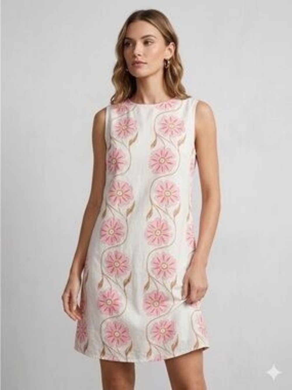 Commense White Sleeveless Mini Dress with Pink Floral Motif